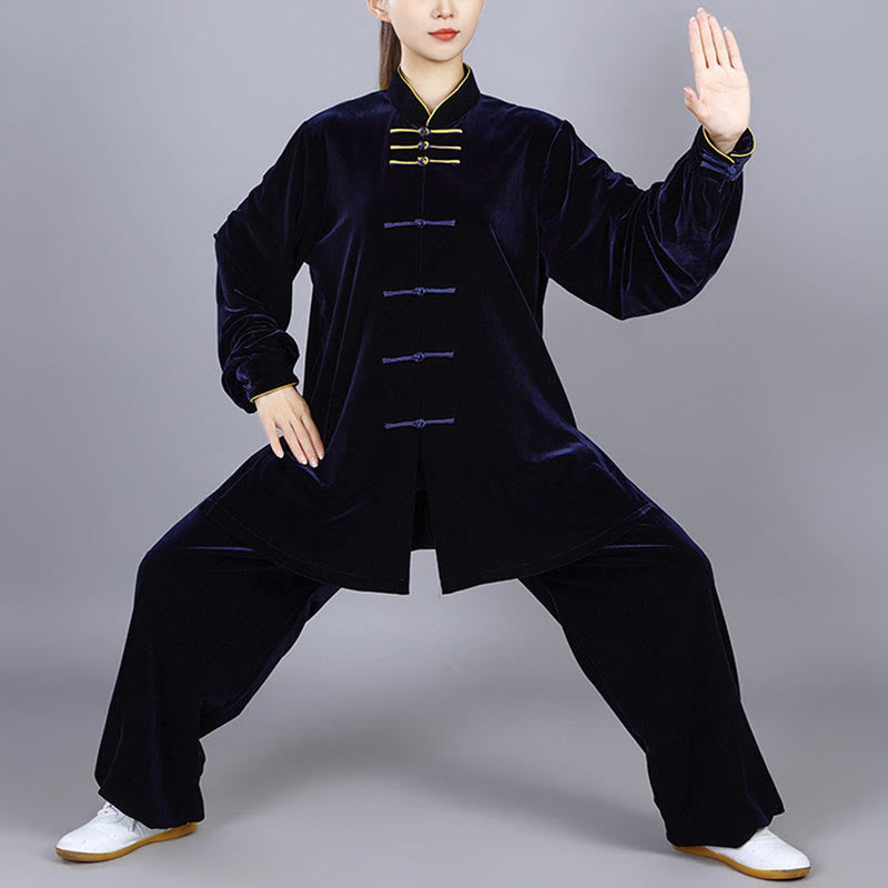 2Pcs Fall Winter Tai Chi Qigong Practice Unisex Frog-Button Meditation Velour Clothing Set