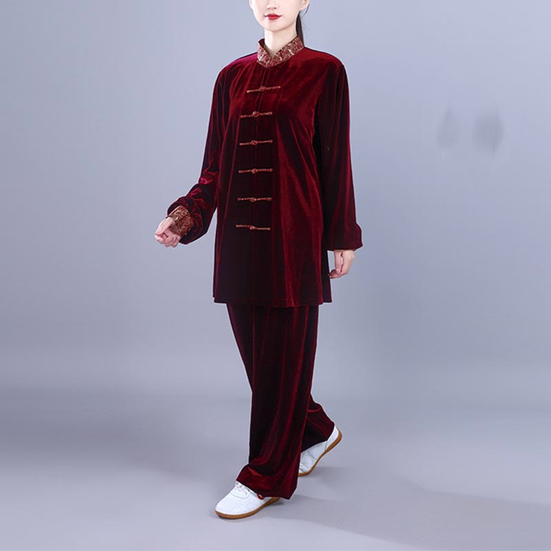 2Pcs Fall Winter Tai Chi Qigong Auspicious Clouds Stand Collar Frog-Button Unisex Velour Meditation Clothing Set - Image 5