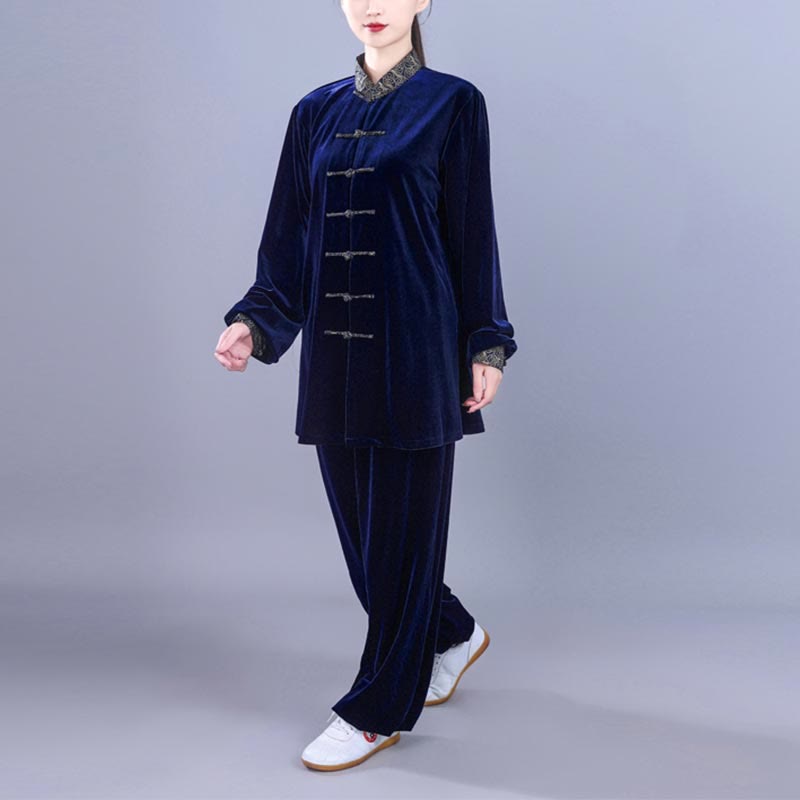 2Pcs Fall Winter Tai Chi Qigong Auspicious Clouds Stand Collar Frog-Button Unisex Velour Meditation Clothing Set - Image 15