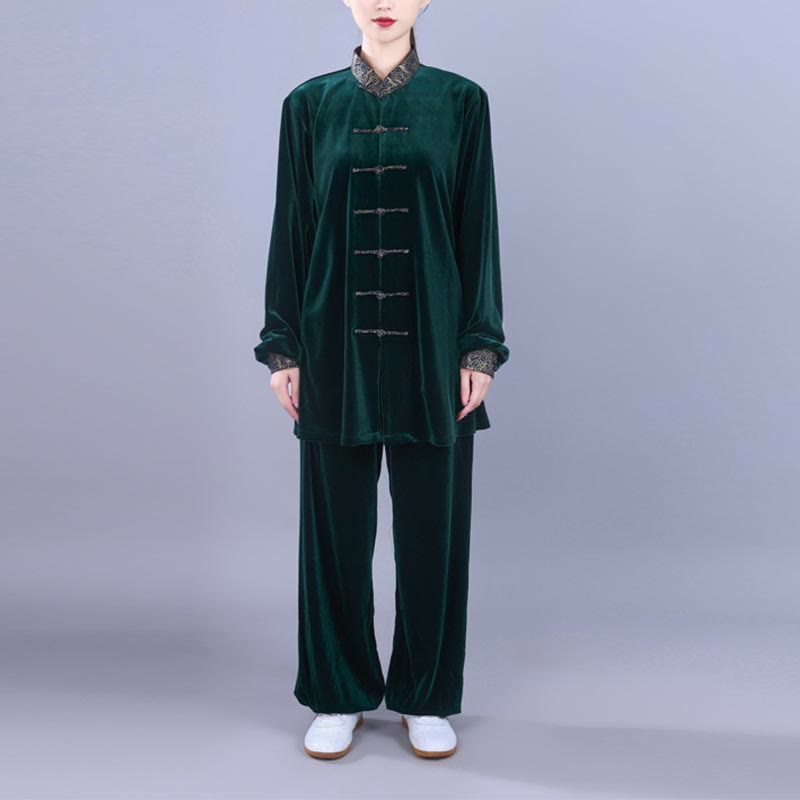 2Pcs Fall Winter Tai Chi Qigong Auspicious Clouds Stand Collar Frog-Button Unisex Velour Meditation Clothing Set - Image 19