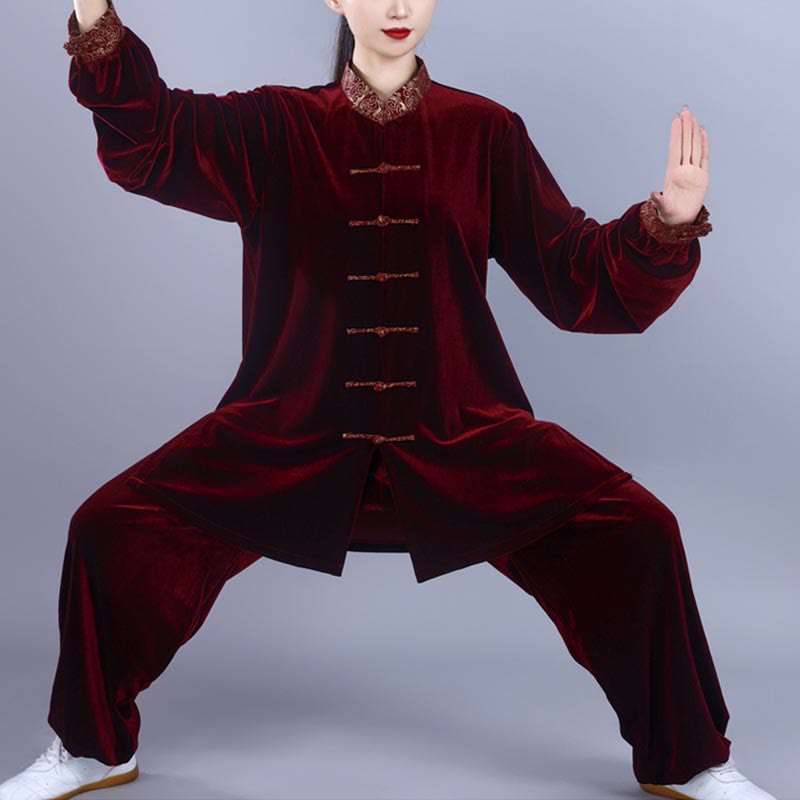 2Pcs Fall Winter Tai Chi Qigong Auspicious Clouds Stand Collar Frog-Button Unisex Velour Meditation Clothing Set