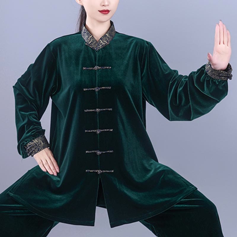 2Pcs Fall Winter Tai Chi Qigong Auspicious Clouds Stand Collar Frog-Button Unisex Velour Meditation Clothing Set - Image 17