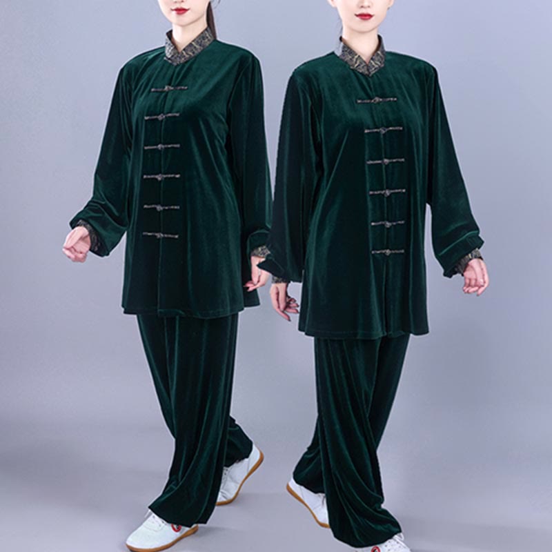 2Pcs Fall Winter Tai Chi Qigong Auspicious Clouds Stand Collar Frog-Button Unisex Velour Meditation Clothing Set - Image 18