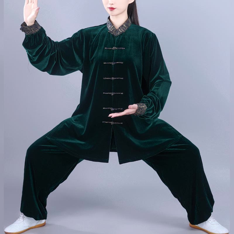 2Pcs Fall Winter Tai Chi Qigong Auspicious Clouds Stand Collar Frog-Button Unisex Velour Meditation Clothing Set - Image 16