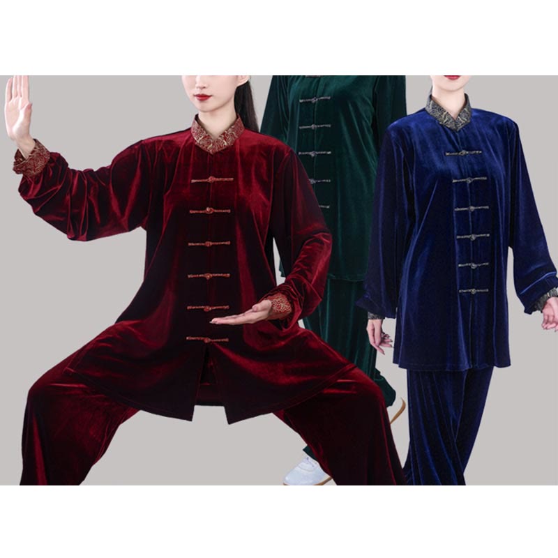 2Pcs Fall Winter Tai Chi Qigong Auspicious Clouds Stand Collar Frog-Button Unisex Velour Meditation Clothing Set - Image 22
