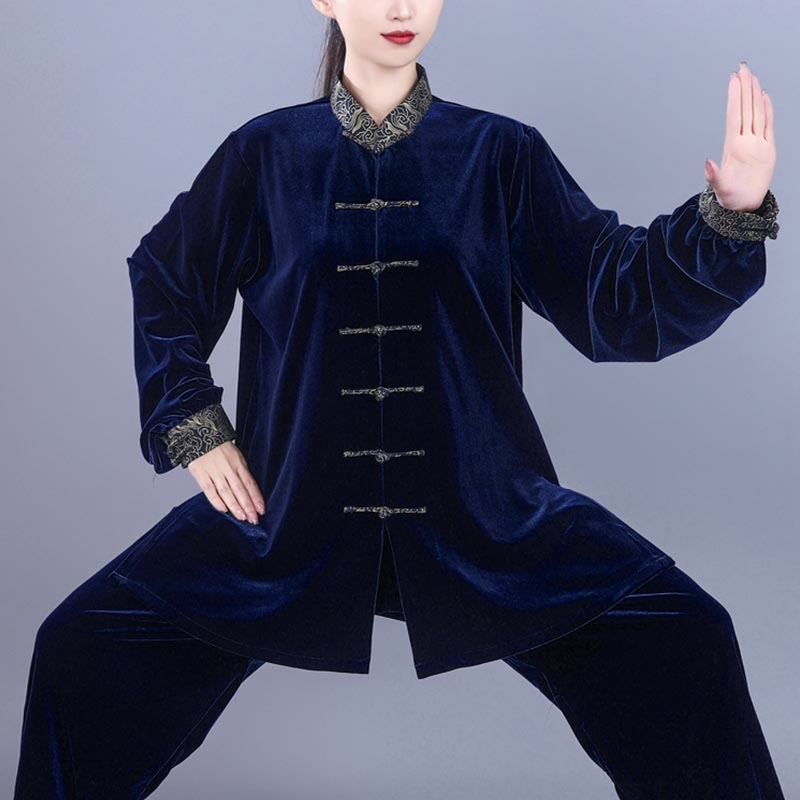 2Pcs Fall Winter Tai Chi Qigong Auspicious Clouds Stand Collar Frog-Button Unisex Velour Meditation Clothing Set - Image 13
