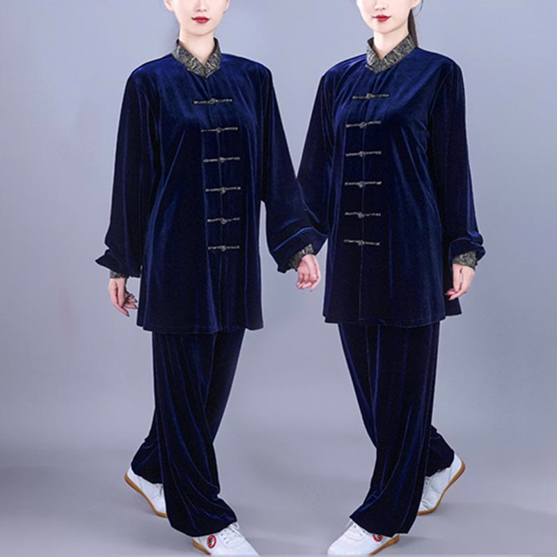 2Pcs Fall Winter Tai Chi Qigong Auspicious Clouds Stand Collar Frog-Button Unisex Velour Meditation Clothing Set - Image 14