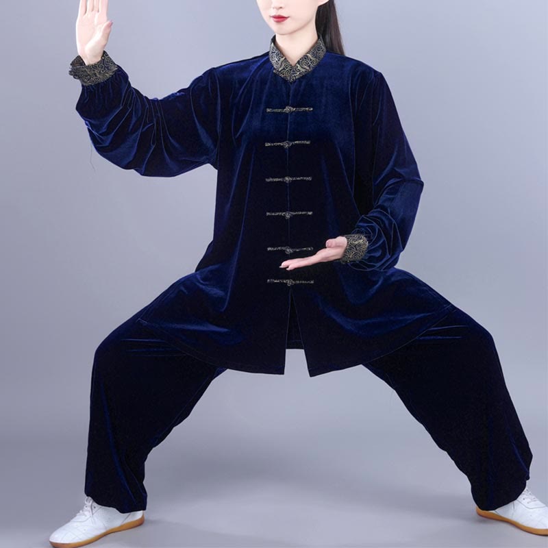 2Pcs Fall Winter Tai Chi Qigong Auspicious Clouds Stand Collar Frog-Button Unisex Velour Meditation Clothing Set - Image 12