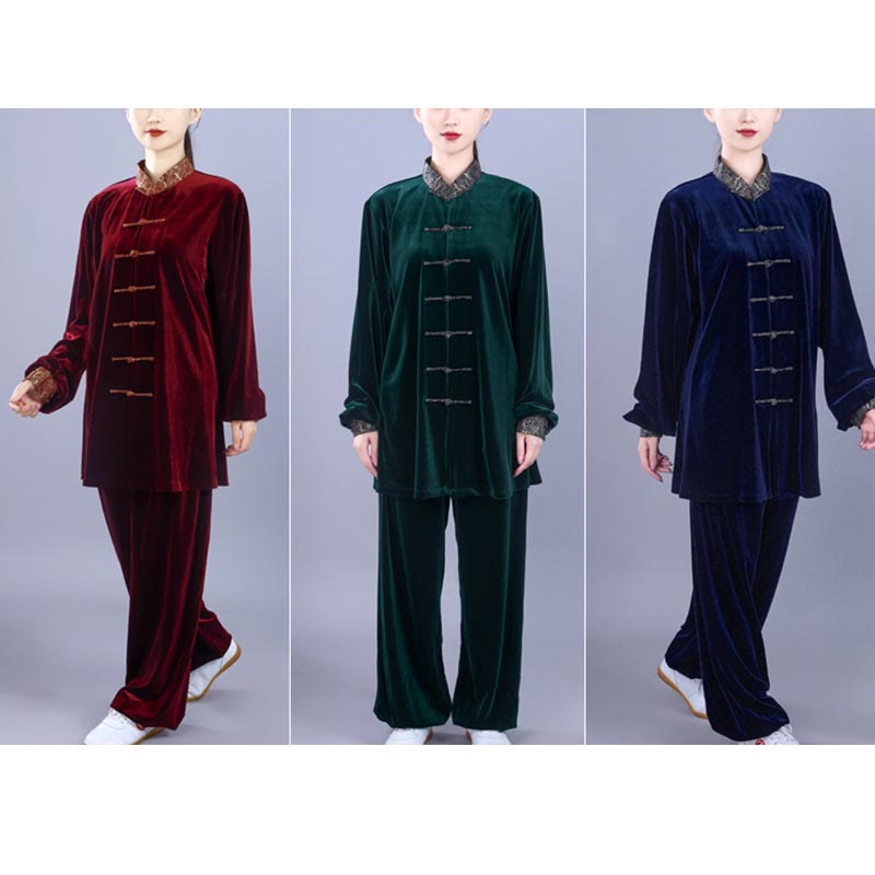 2Pcs Fall Winter Tai Chi Qigong Auspicious Clouds Stand Collar Frog-Button Unisex Velour Meditation Clothing Set - Image 23
