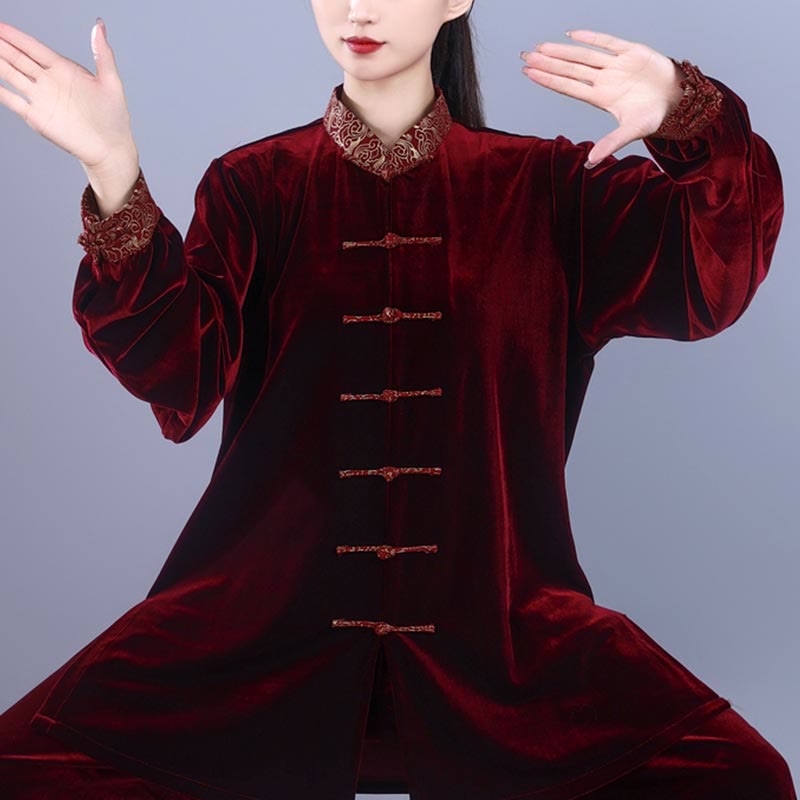 2Pcs Fall Winter Tai Chi Qigong Auspicious Clouds Stand Collar Frog-Button Unisex Velour Meditation Clothing Set - Image 3
