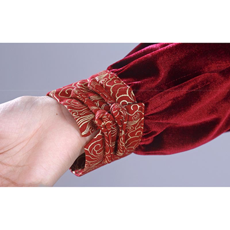 2Pcs Fall Winter Tai Chi Qigong Auspicious Clouds Stand Collar Frog-Button Unisex Velour Meditation Clothing Set - Image 9