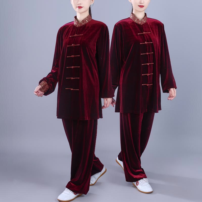2Pcs Fall Winter Tai Chi Qigong Auspicious Clouds Stand Collar Frog-Button Unisex Velour Meditation Clothing Set - Image 4