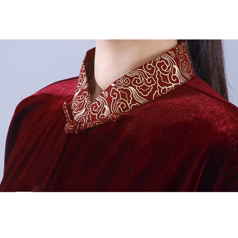 2Pcs Fall Winter Tai Chi Qigong Auspicious Clouds Stand Collar Frog-Button Unisex Velour Meditation Clothing Set - Image 6