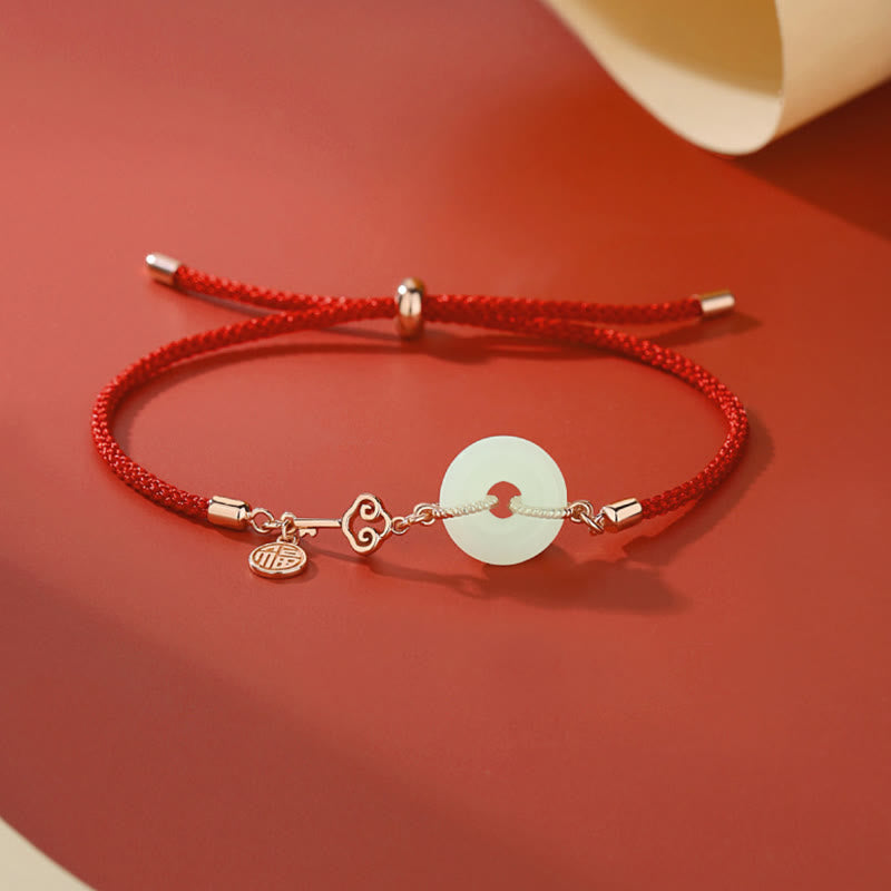 Natural Hetian Jade Peace Buckle 925 Sterling Silver Red String Fu Character Protection Luck Bracelet
