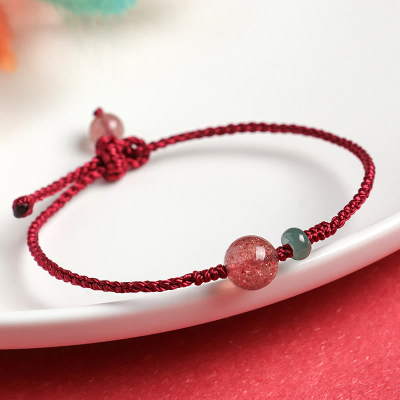 Natural Strawberry Quartz Jade White Agate Red String Positive Bracelet