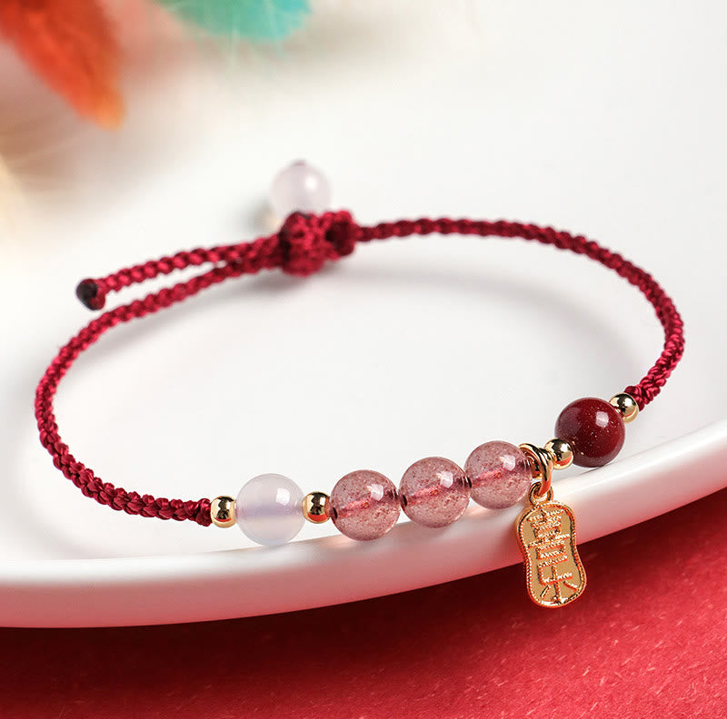 Natural Strawberry Quartz Jade White Agate Red String Positive Bracelet - Image 9