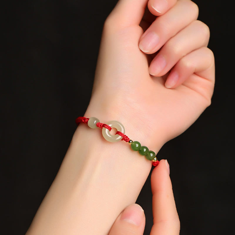 Natural Hetian Jade Peace Buckle Red String Protection Luck Bracelet - Image 3