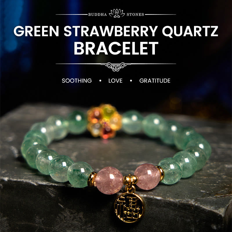 Natural Green Strawberry Quartz Soothing Fu Character Bracelet