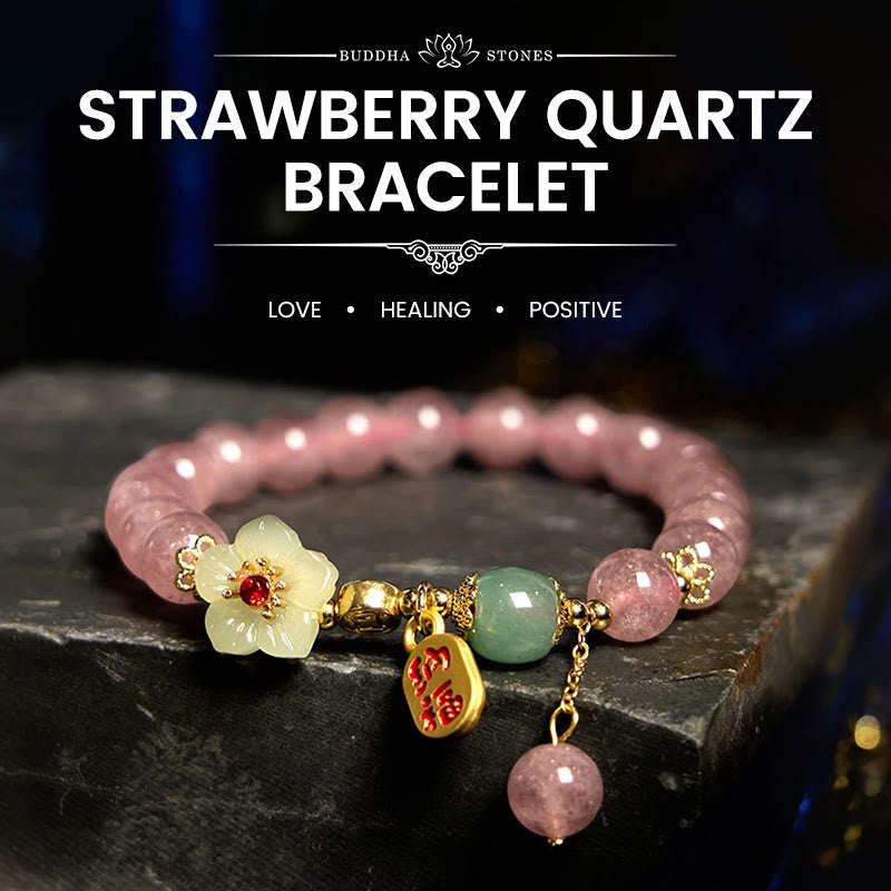 Natural Strawberry Quartz Blossom Fu Character Positivity Healing Bracelet