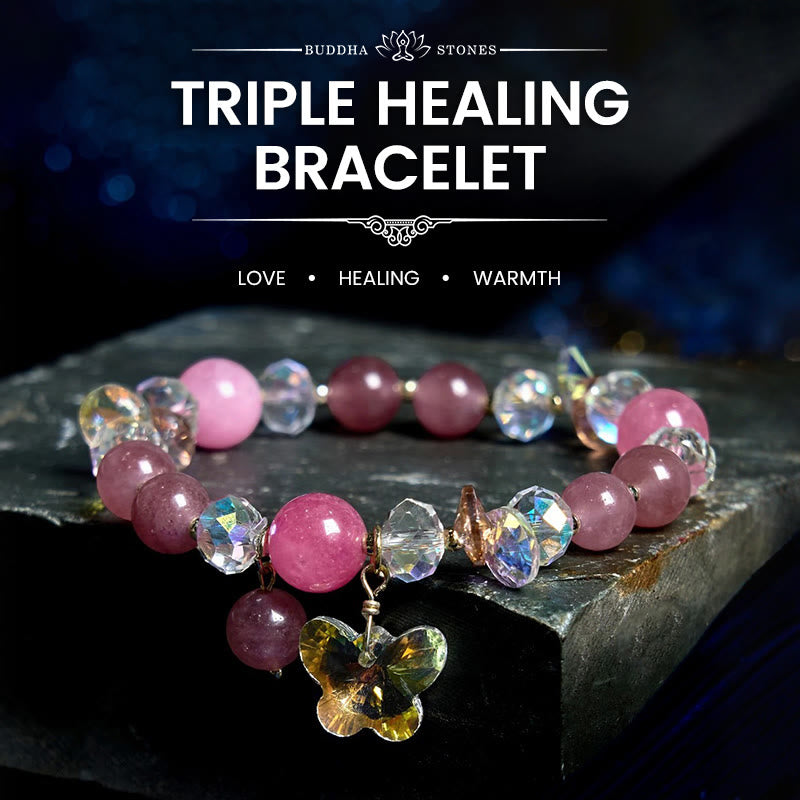 Strawberry Quartz White Crystal Pink Crystal Butterfly Love Bracelet