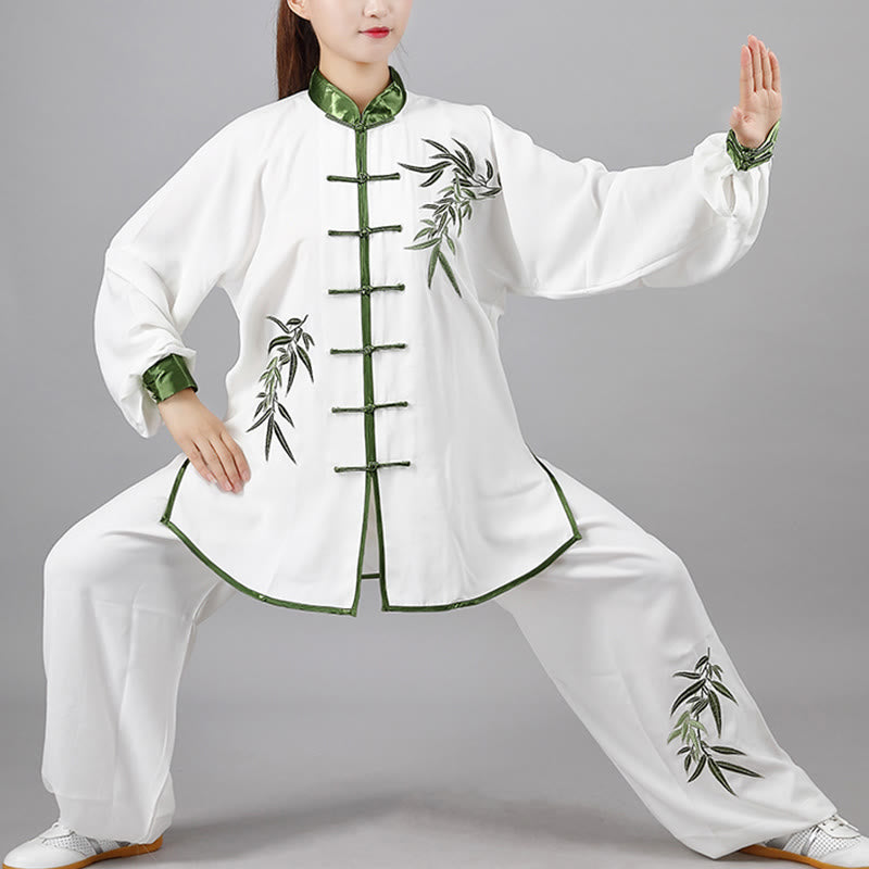 2Pcs Fall Green Bamboo Leaves Embroidery Frog-Button Tai Chi Meditation Qigong Zen Practice Unisex Cotton Clothing Set