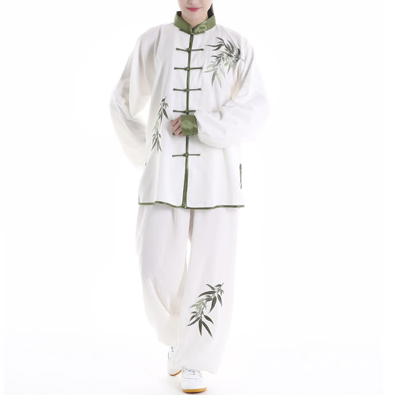 2Pcs Fall Green Bamboo Leaves Embroidery Frog-Button Tai Chi Meditation Qigong Zen Practice Unisex Cotton Clothing Set - Image 4