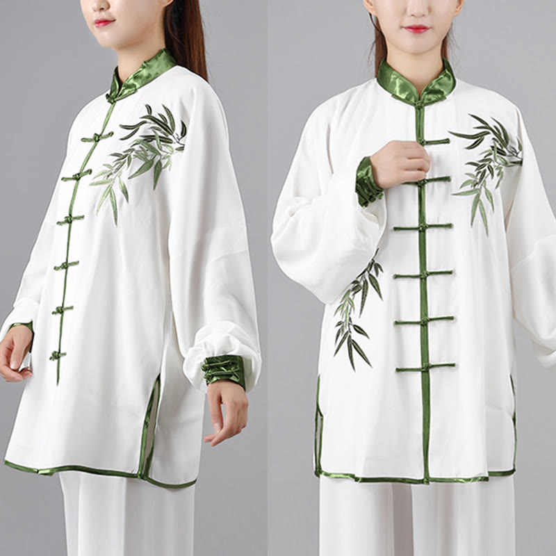 2Pcs Fall Green Bamboo Leaves Embroidery Frog-Button Tai Chi Meditation Qigong Zen Practice Unisex Cotton Clothing Set - Image 3