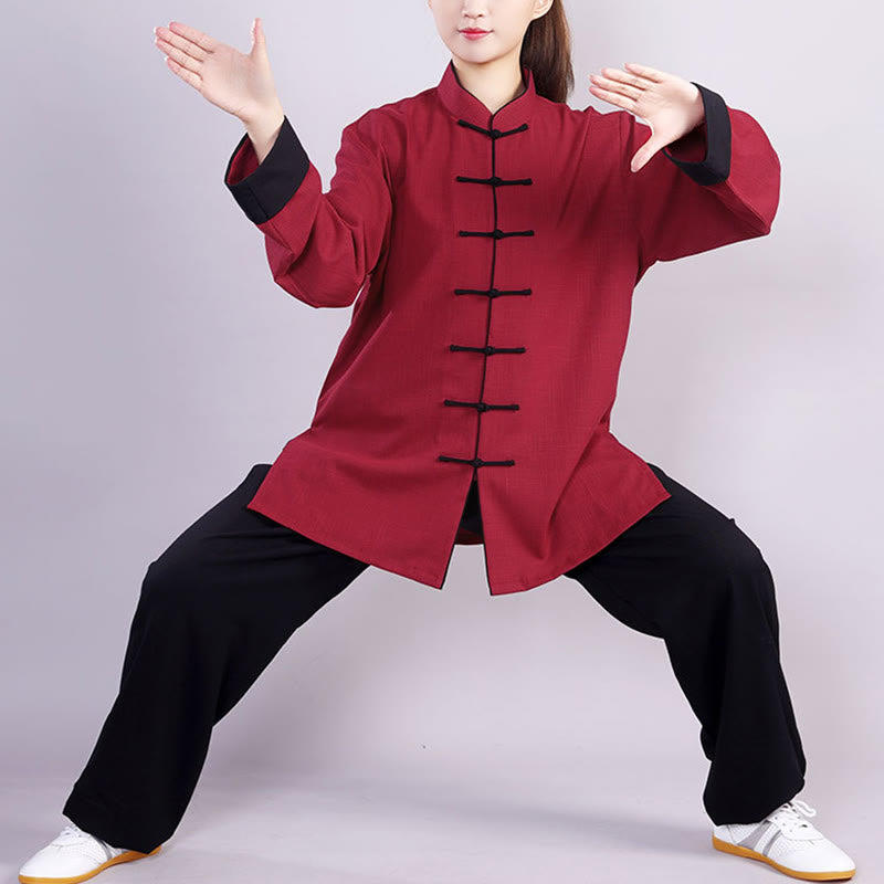 2Pcs Fall Winter Frog-Button Tai Chi Meditation Qigong Zen Practice Unisex Cotton Linen Clothing Set