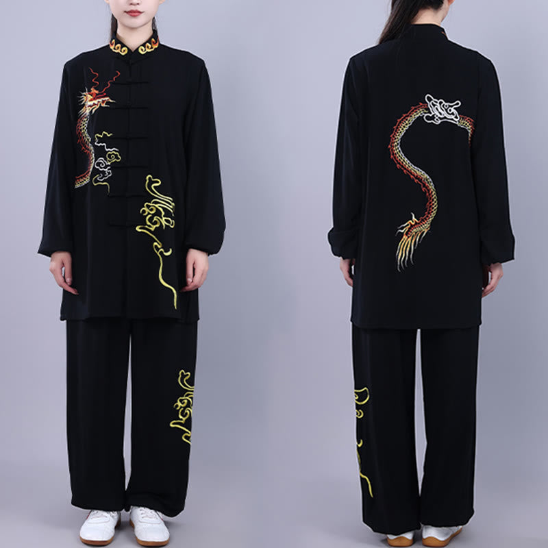 2Pcs Fall Embroidery Dragon Frog-Button Tai Chi Meditation Qigong Zen Practice Unisex Cotton Clothing Set