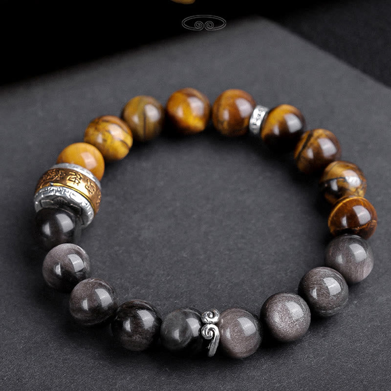 Natural Silver Sheen Obsidian Tiger's Eye Six True Words 'Om Mani Padme Hum' Strength Bracelet