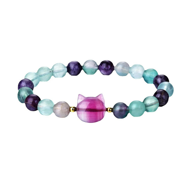 Amethyst Green Aventurine Rose Quartz Fluorite Cat Head Balance Luck Bracelet - Image 19