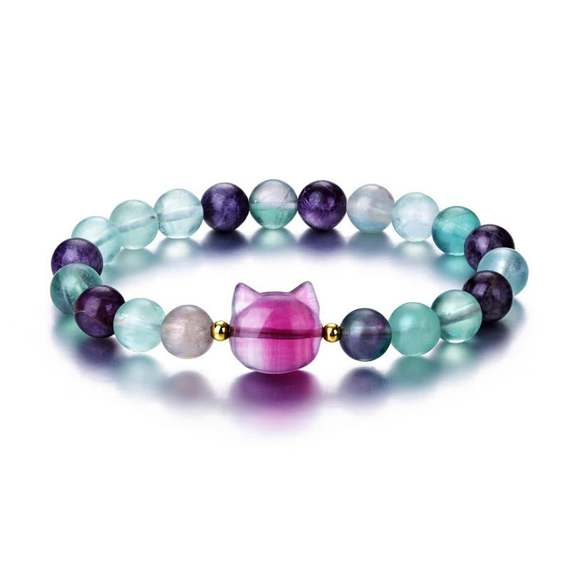 Amethyst Green Aventurine Rose Quartz Fluorite Cat Head Balance Luck Bracelet - Image 18