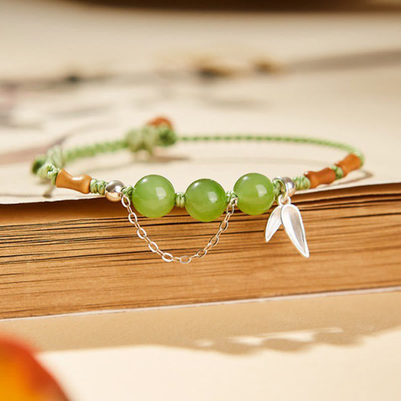 925 Sterling Silver Bamboo Leaves Hetian Jade Chalcedony Beads Blessing Braided Bracelet