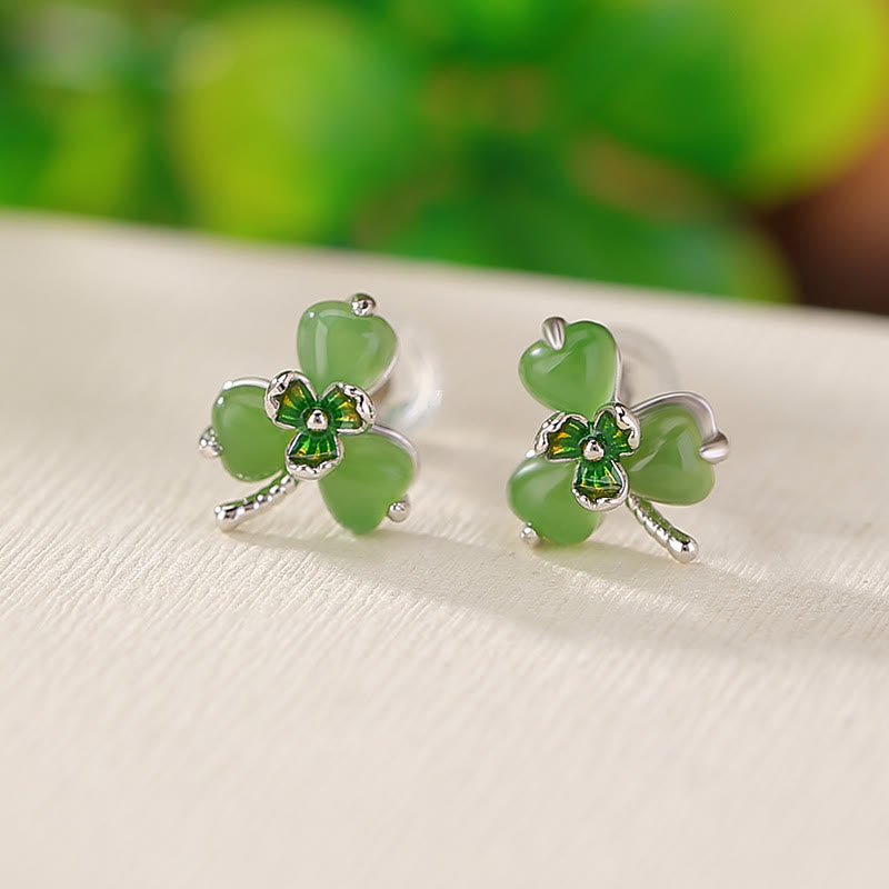 925 Sterling Silver Enamel Hetian Jade Shamrock Luck Earrings