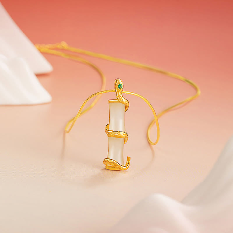 Hetian Jade 925 Sterling Silver Year of the Snake Bamboo Growth Necklace Pendant - Image 3