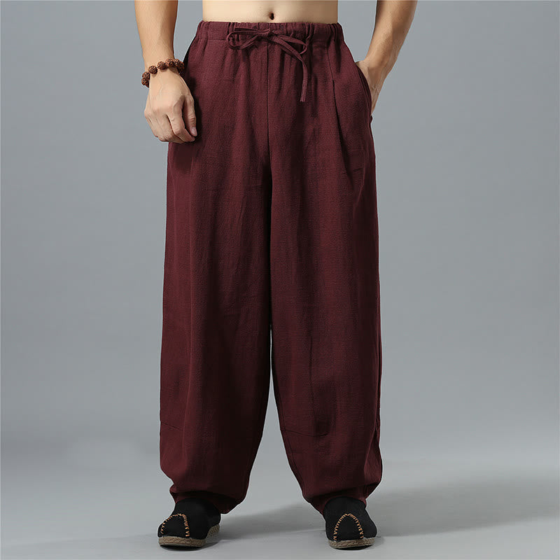 Casual Solid Color Drawstring Cotton Linen Men's Pants With Pockets - Image 19