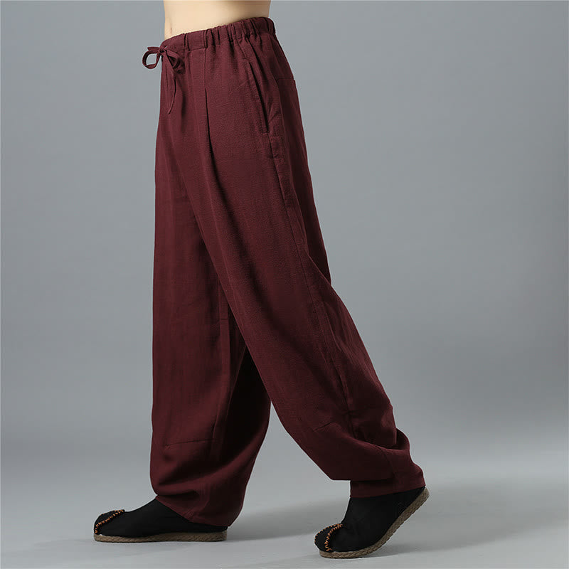 Casual Solid Color Drawstring Cotton Linen Men's Pants With Pockets - Image 20