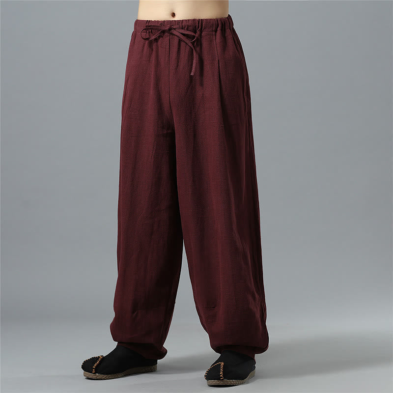 Casual Solid Color Drawstring Cotton Linen Men's Pants With Pockets - Image 21