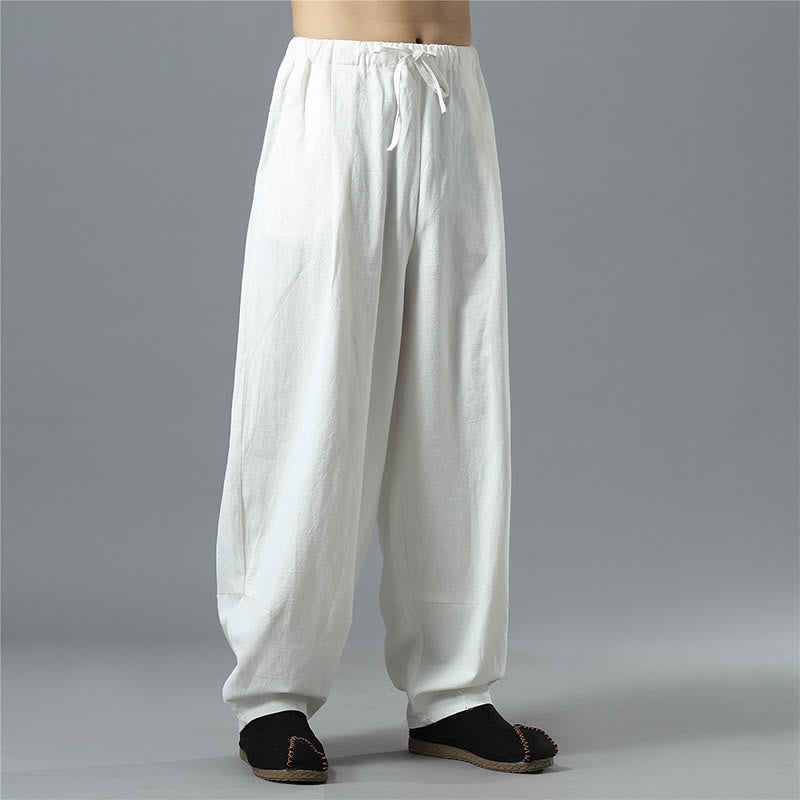 Casual Solid Color Drawstring Cotton Linen Men's Pants With Pockets - Image 5