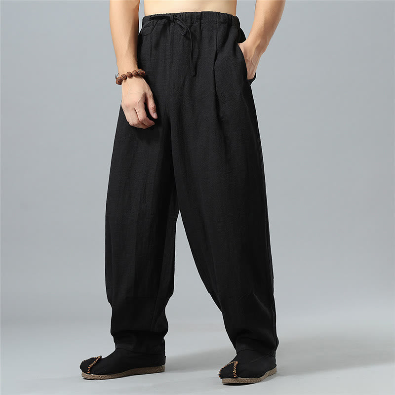 Casual Solid Color Drawstring Cotton Linen Men's Pants With Pockets - Image 12