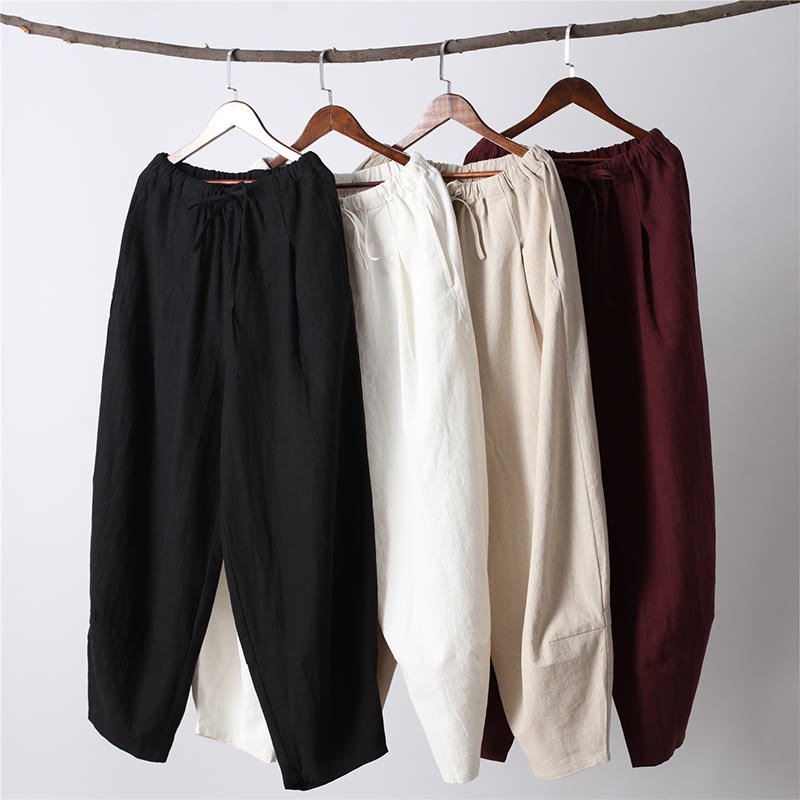 Casual Solid Color Drawstring Cotton Linen Men's Pants With Pockets - Image 3