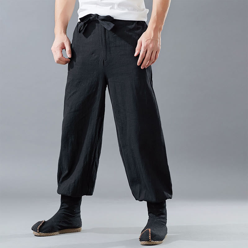 Solid Color Front Zipper Ramie Linen Men's Pants With Pockets