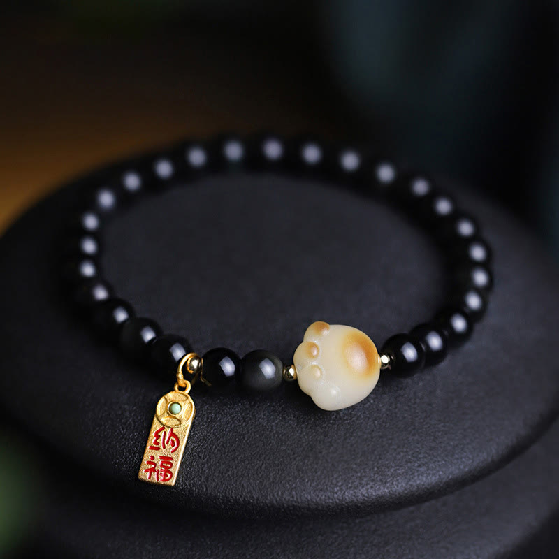 Black Obsidian Cat Paw Bodhi Seed Lucky Fortune Charm Purification Bracelet - Image 9