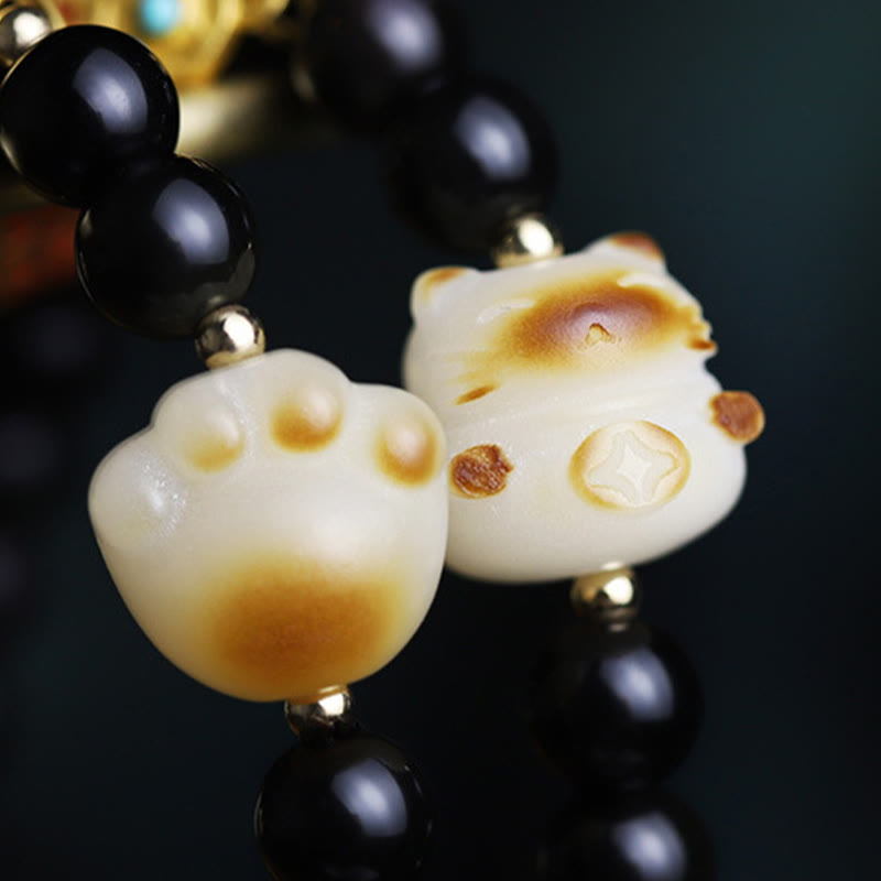 Black Obsidian Cat Paw Bodhi Seed Lucky Fortune Charm Purification Bracelet - Image 11