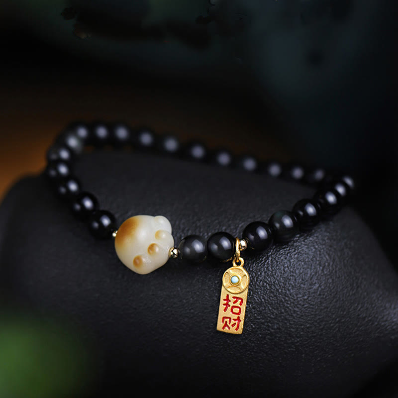 Black Obsidian Cat Paw Bodhi Seed Lucky Fortune Charm Purification Bracelet - Image 7