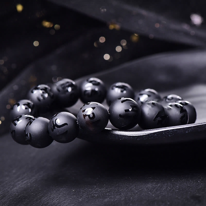 Natural Black Onyx Om Mani Padme Hum Carved Protection Bracelet - Image 4