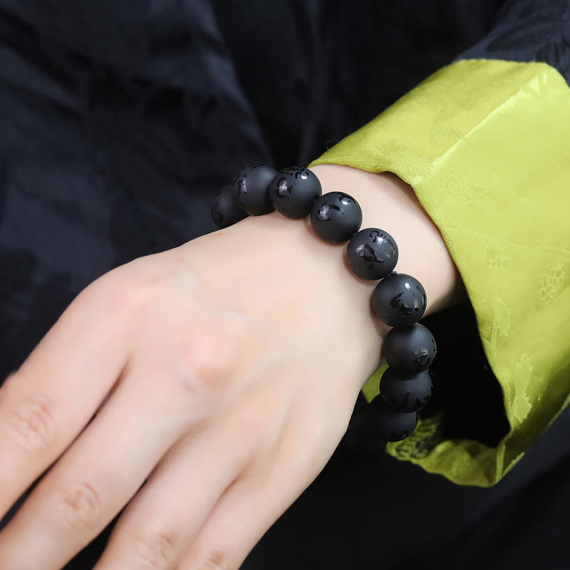 Natural Black Onyx Om Mani Padme Hum Carved Protection Bracelet - Image 5