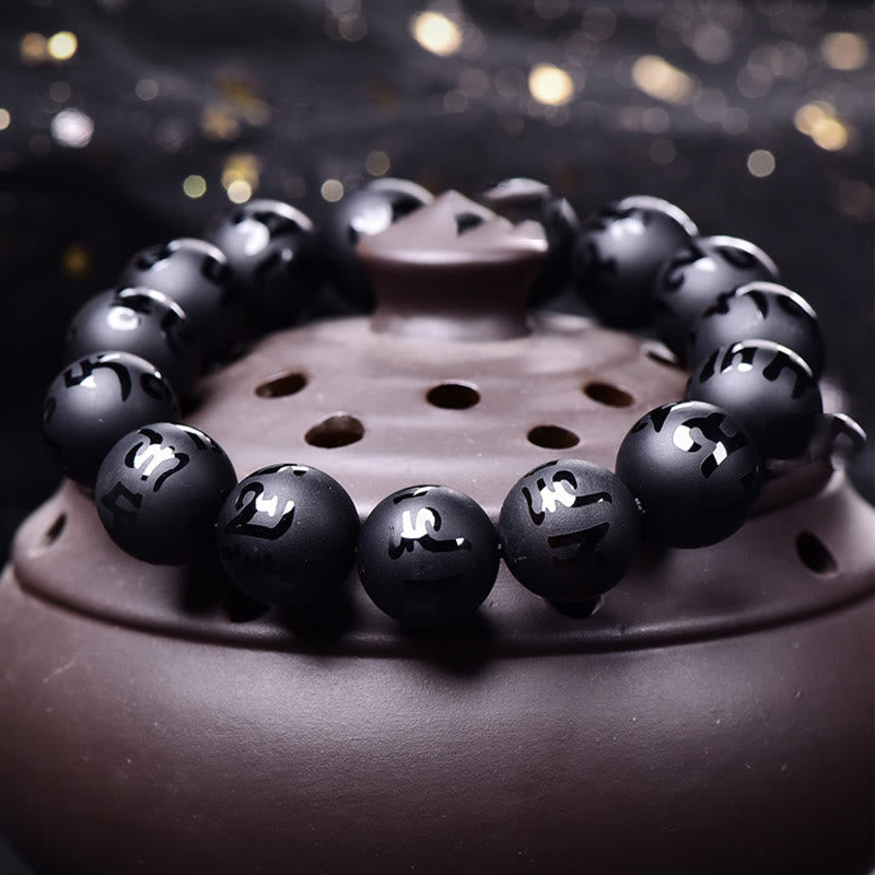 Natural Black Onyx Om Mani Padme Hum Carved Protection Bracelet - Image 3