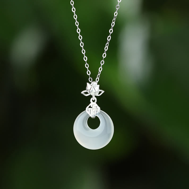 Chalcedony 925 Sterling Silver Lotus Flower Fu Character Peace Buckle Positive Necklace Pendant