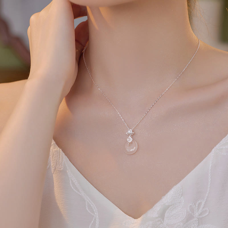 Chalcedony 925 Sterling Silver Lotus Flower Fu Character Peace Buckle Positive Necklace Pendant - Image 3